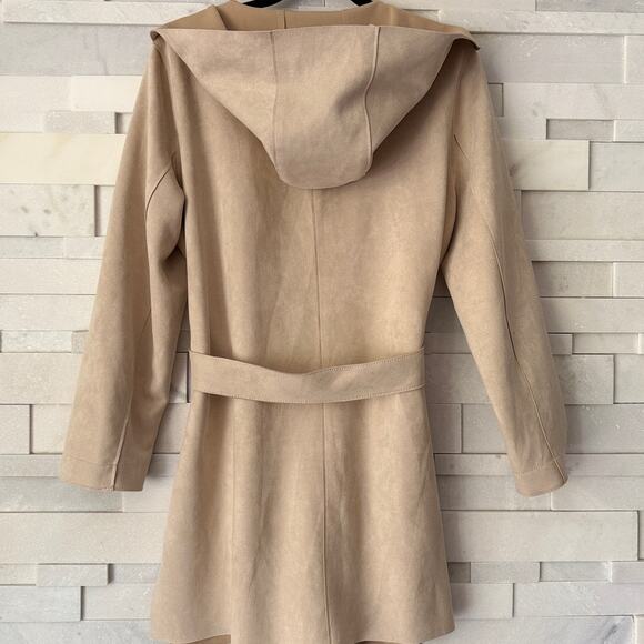 JOAN VASS Faux Suede BeltedTrench Jacket with Hood Beige Preppy Light Academia - Picture 2 of 5